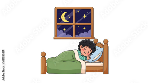 Person sleeping in bed under night window   bed sleep illustration — night scene for children’s decor 