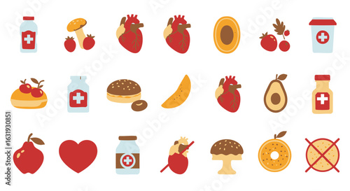 Colorful icons depicting healthy and unhealthy food choices, organs, and medicine.