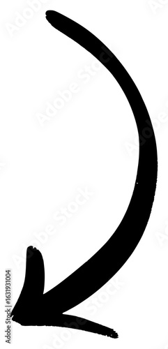 Hand-drawn black arrow pointing down and curving left, isolated on white background.