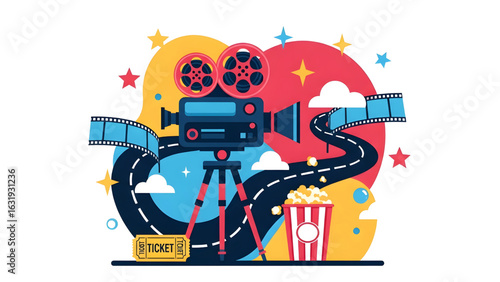 Film Projector with Popcorn and Cinema Ticket vector  Movie night promotions Poster  Retro Film Projector with Popcorn  Cinema Poster 
