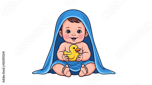 Baby with Rubber Duck Wrapped in Blue Towel   Baby Sitting with Bath Duck 
