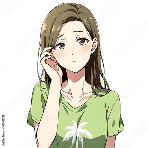 A young woman with brown hair and a green t shirt touches her face with a worried or thoughtful expression depicted in an anime art style with a dark background