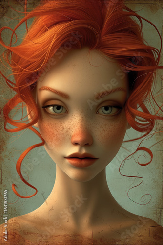 a girl with red hair, freckles, and an expressive gaze, created in an artistic, slightly fairy-tale style