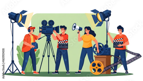 Movie Crew Working on Set — Camera, Lights, Clapperboard Illustration Studio Shoot with Camera, Lights and Crew — Vector Art 