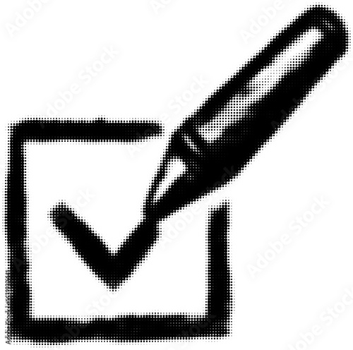 Black marker adding a checkmark to a checkbox in halftone style illustration