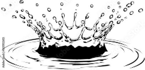 Black and white halftone illustration of a water splash in a calm pond