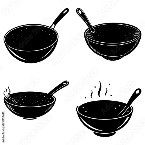 Four illustrations of cooking vessels showing woks and bowls with steam and cooking utensils present