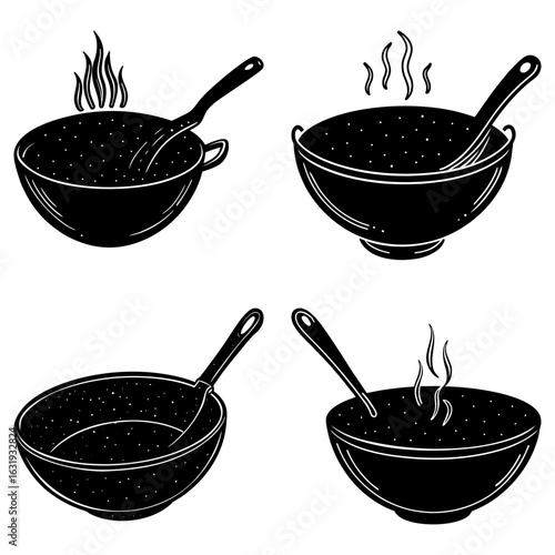 Four cooking vessels with spoons and steam in a black and white sketched illustration style design