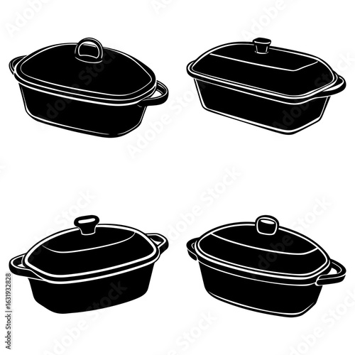 Illustration of four black casserole dishes with lids in varying shapes and orientations on a white background