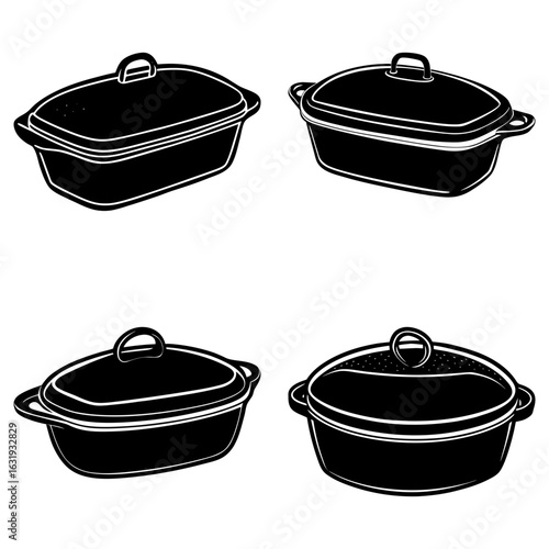 Four black casserole dishes with lids in different shapes and styles on a white background display image