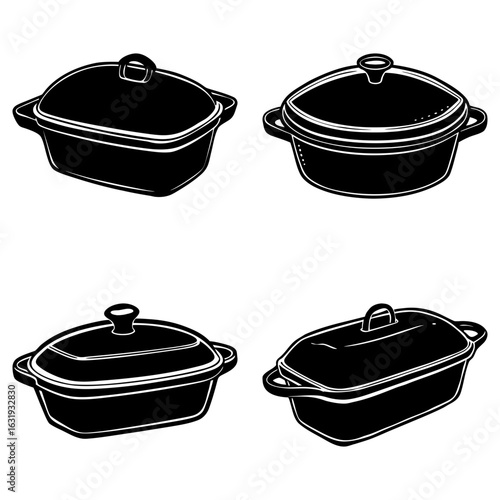 Illustration of four black casserole dishes with lids in various shapes and orientations on white background