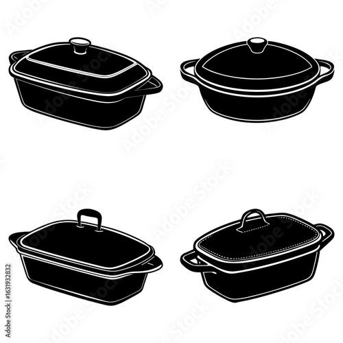 Four black and white illustrations of covered casserole dishes in various shapes and orientations displaye