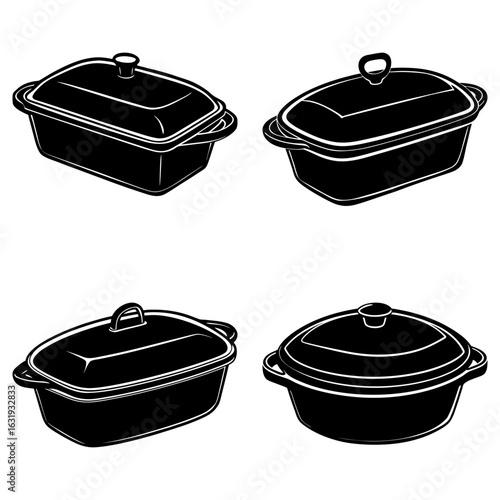 Four black and white casserole dishes with lids in various shapes and orientations on a white background