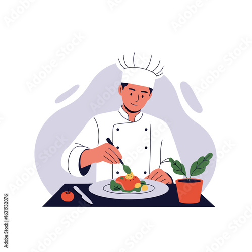Chef preparing gourmet dish with vegetables on plate at table  