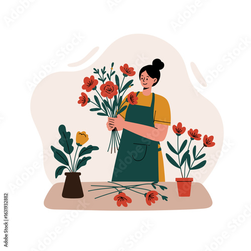Woman arranging flowers while standing at a table indoors  