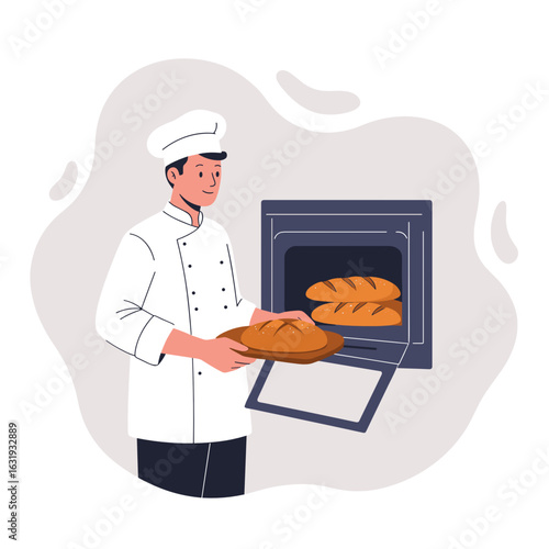 Male baker holding fresh bread from oven in modern kitchen  