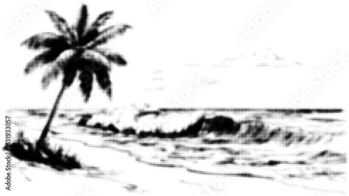 Black and white halftone of a palm tree on a beach with ocean waves