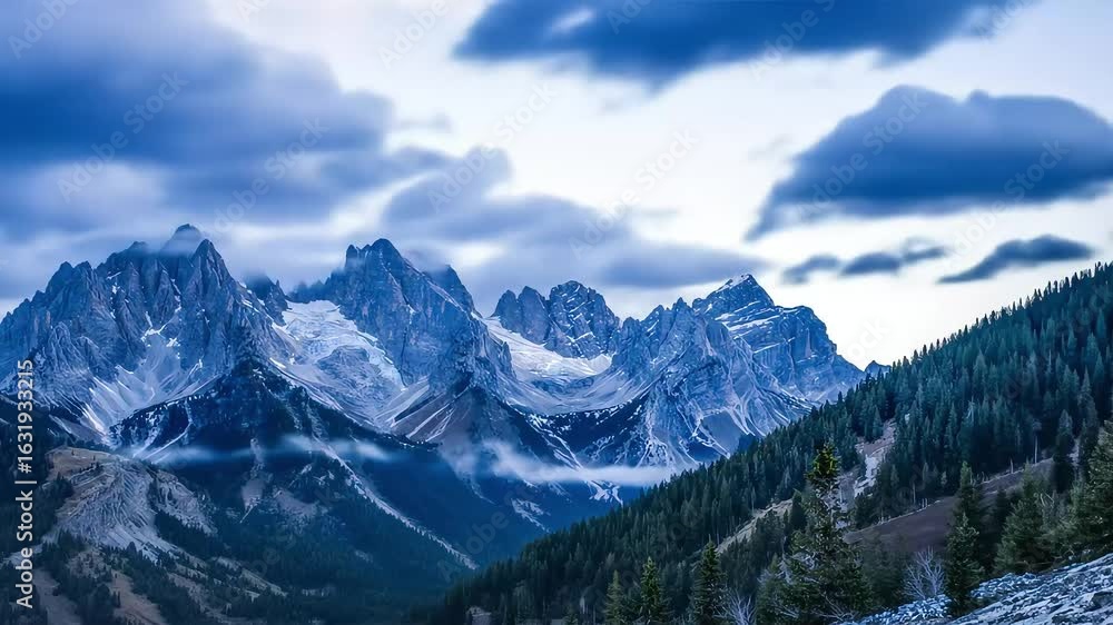 Timelapse of dramatic clouds over a majestic mountain range, with sunlight on snow-capped peaks and mist in the forested valley Timelapse of dramatic clouds over a majestic mountain range, with sunlight on snow-capped peaks and mist in the forested valley