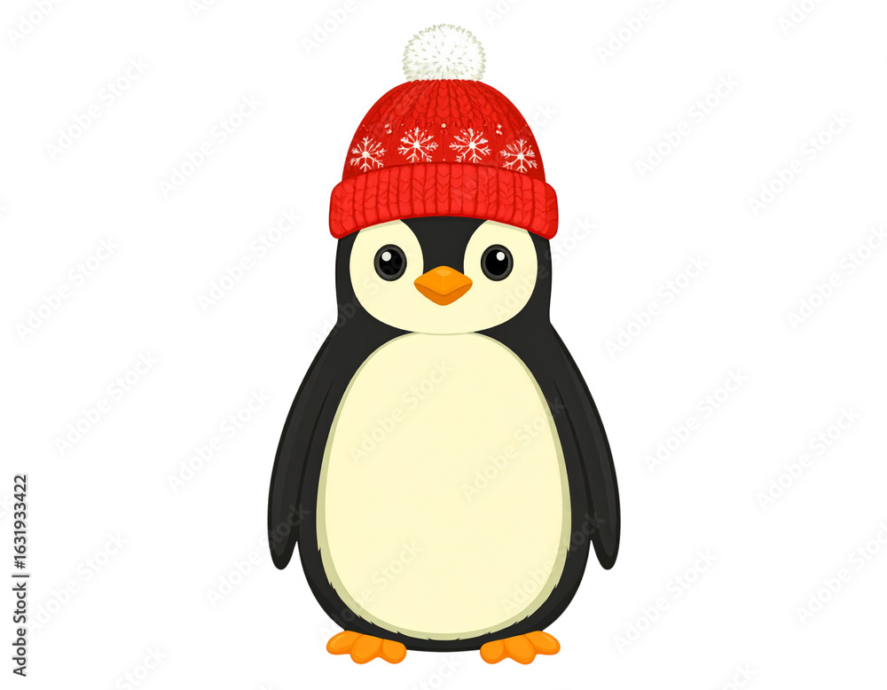Obraz premium Cartoon Penguin Wearing Red Winter Hat, Standing Front View, Transparent Background
