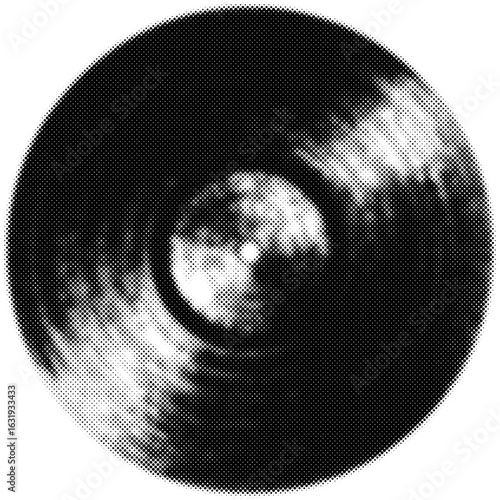 Retro black and white halftone vinyl record with abstract reflections