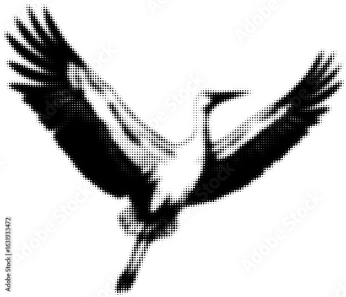 Black and white halftone illustration of a stork in flight, artistic design