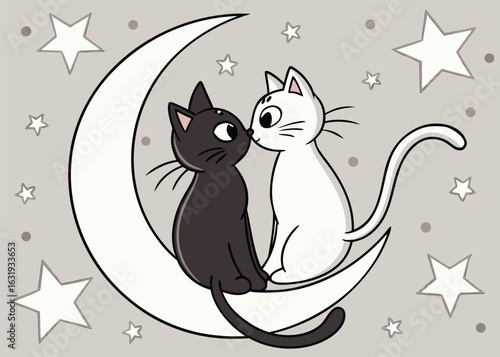 Adorable cartoon cats cuddling on the crescent moon amidst sparkling stars illustration