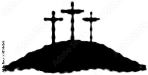 Silhouette of three crosses on a hill in black and white, religious symbolism