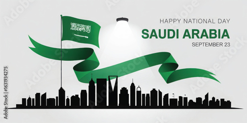 saudi arabia national day design with green flag, city silhouette, spotlight, and september 23 celebratory message in bold text