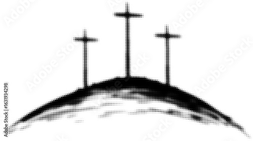 Three crosses on a hill in monochrome halftone style illustration