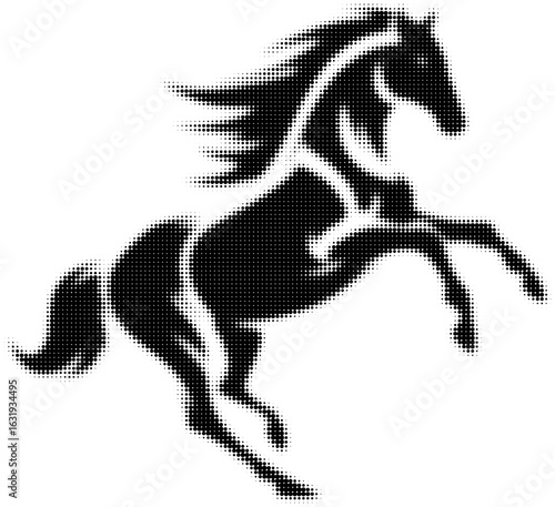 Silhouette of a galloping horse with flowing mane in black and white
