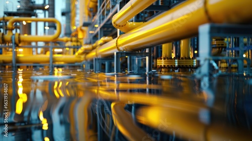 Wallpaper Mural Industrial landscape featuring a maze of yellow pipelines reflecting on wet surface Torontodigital.ca