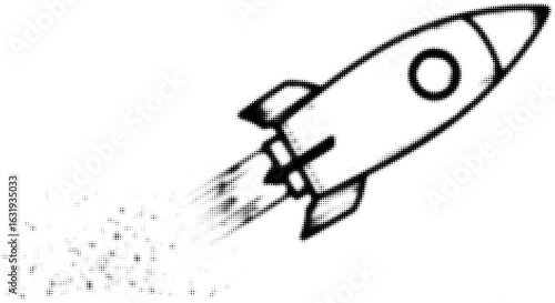 Black and white dotted rocket launching with smoke trail illustration