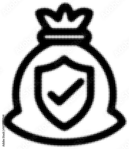Outline icon of a money bag with a shield and checkmark symbolizing security