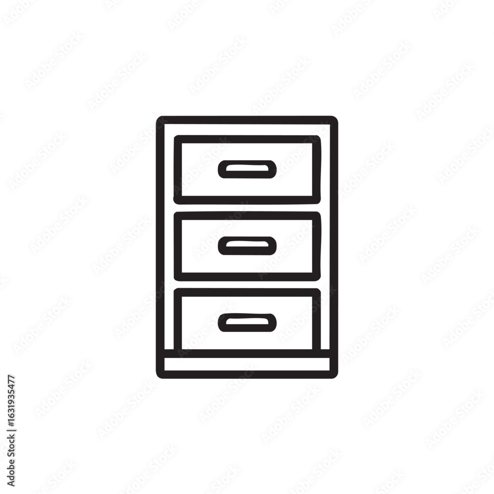 A simple line drawing of a three-drawer filing cabinet. A simple line drawing of a three-drawer filing cabinet.