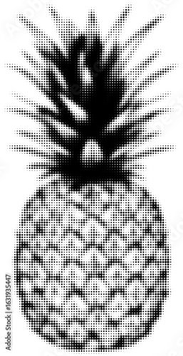 Halftone black and white illustration of a pineapple with spiky leaves