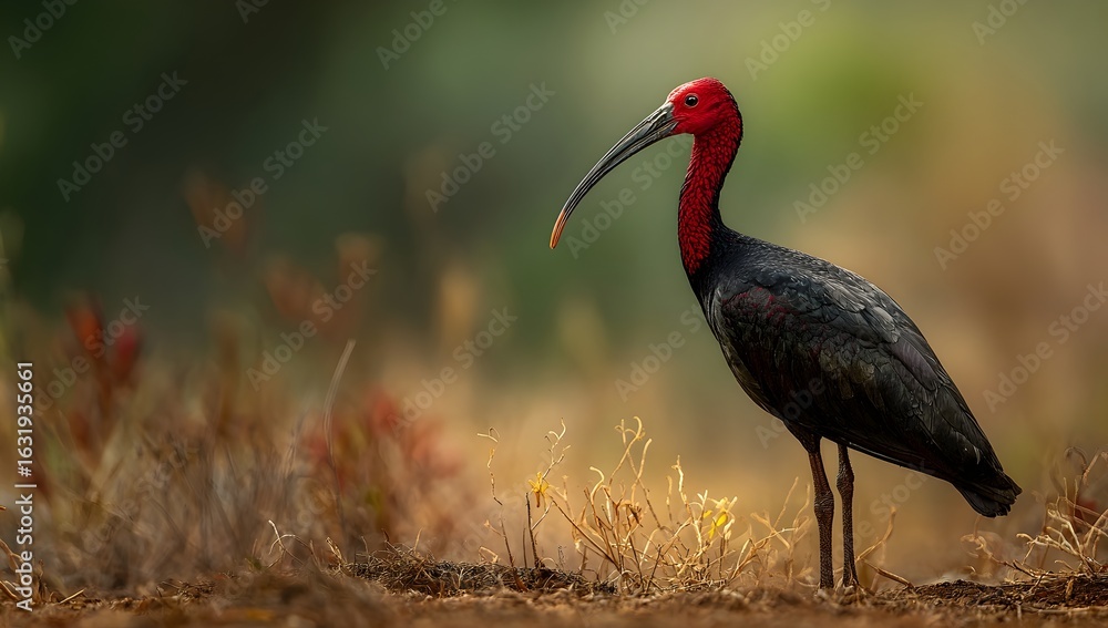 Naklejka premium Red naped Ibis with black feathers and a curved beak standing on green grass. Its bright red head contrasts beautifully with the soft, natural background.