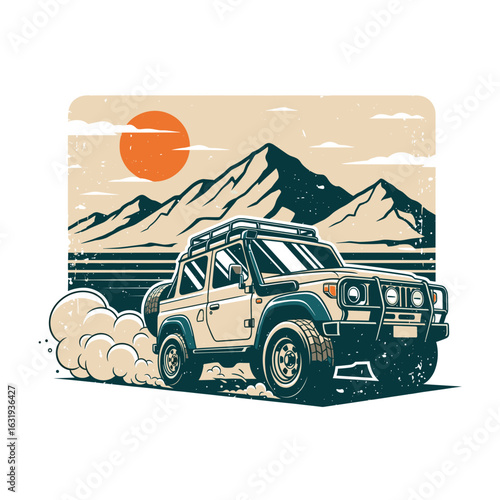 Vintage 4x4 off-road vehicle illustration. Perfect for adventure logo, badge, or t-shirt graphic. Mountain adventure landscape engraving illustration.