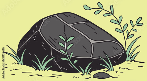 Vector of a dark volcanic rock with tiny green sprouts