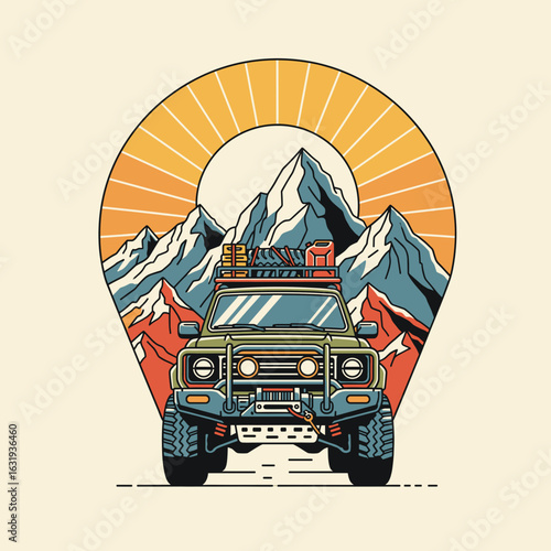 Retro mountain driving design. Vintage 4x4 off-road vehicle illustration. Mountain adventure landscape engraving illustration. Perfect for adventure logo, badge, or t-shirt graphic.