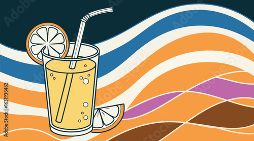 Vector of a glass of orange juice with straw, blue and orange wavy background