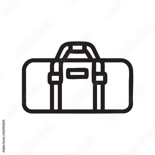 A black and white line drawing of a duffel bag.