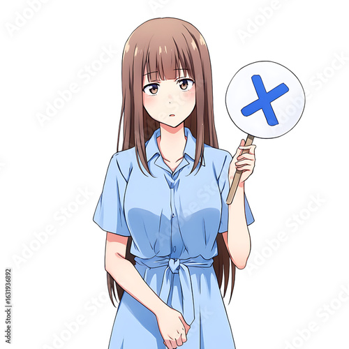 Anime girl wearing a light blue collared dress holding a sign with a blue cross symbol indicating a mistake or wrong answer against a black background