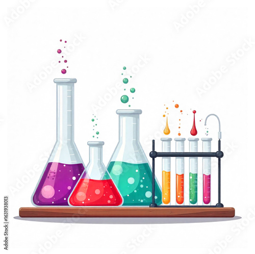 Chemistry laboratory with bottles, liquids. Chemical tests, witch's potions