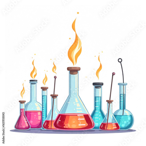 Chemistry laboratory with bottles, liquids. Chemical tests, witch's potions