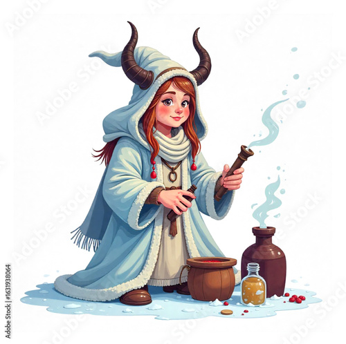 A shaman with horns and white robes casts her spells, Halloween costume