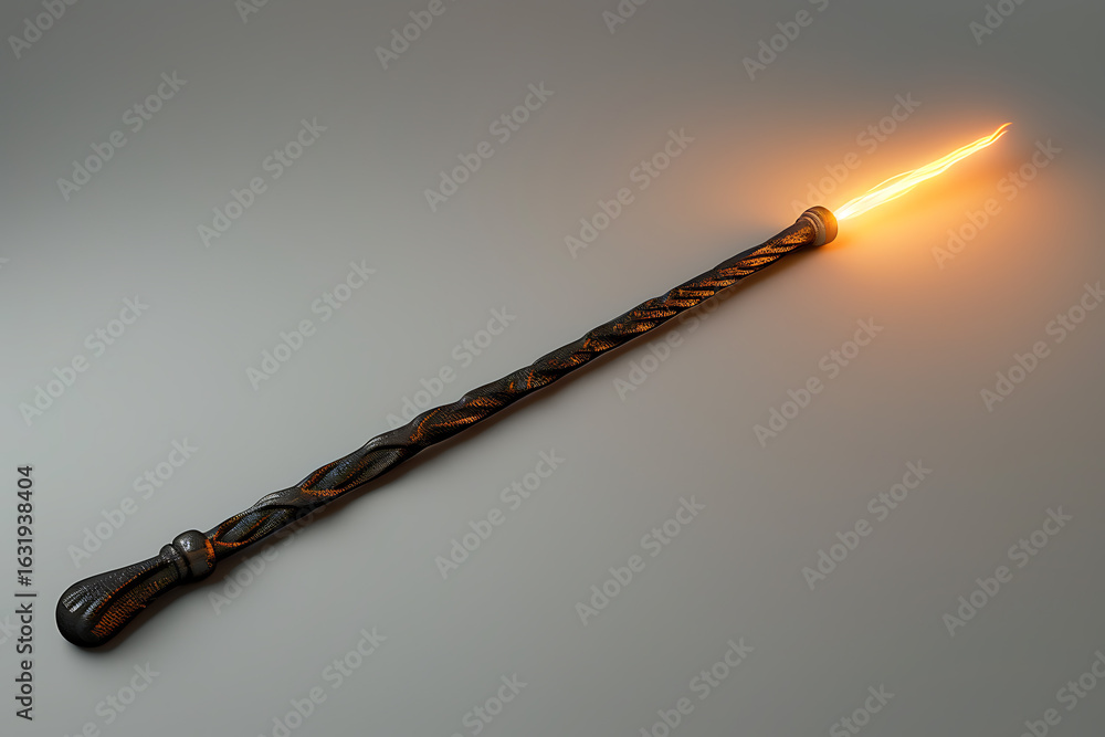Naklejka premium 黒とオレンジの魔法の杖から発せられる光（ファンタジー小道具）