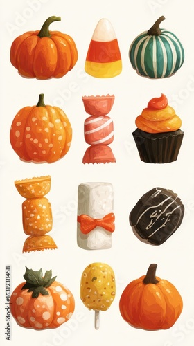 Colorful collection of autumn treats and decorations featuring pumpkins, candy, and baked goods on a light background