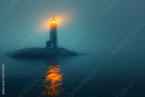 Lighthouse glowing softly through fog on night sea