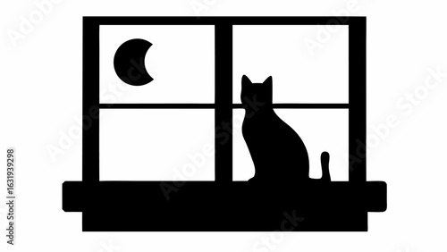 Silhouette of a cat sitting on a window sill looking at the moon at night with black and white contrast