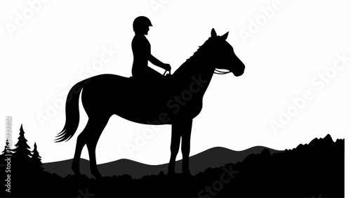 Silhouette of a horse and rider in a mountainous landscape with trees in the foreground scenery view